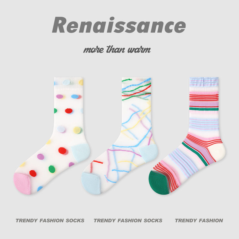 3 Pairs Summer Transparent Colorful Women Socks Trendy Breathable Mid Calf Socks Dopamine Socks for Girls