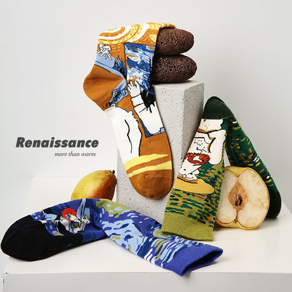 Van Gogh Inspired Retro Men Socks 3 Pack Mid Calf Comfortable All Year Round Trendy