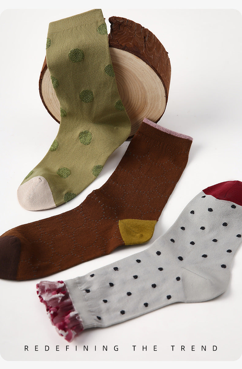 3 Pairs Women's Thin Mesh Socks Summer Breathable Lace Dot Pattern Mid Calf Socks Comfortable