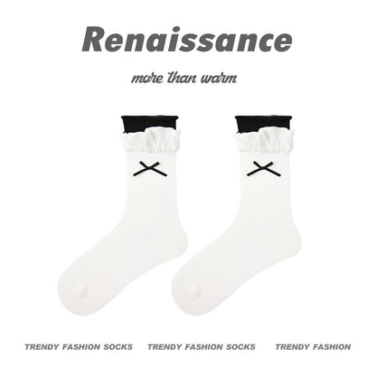 3 Pairs Womens Socks Spring Summer Trendy Bow Design Double Cuff Mid Calf Socks Color Blocking New Arrival