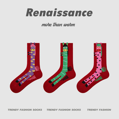 Chinese Zodiac Horse Year 2026 Women Socks 3 Pairs Red Mid Calf Socks with Cartoon Pony Design Festive New Year Socks