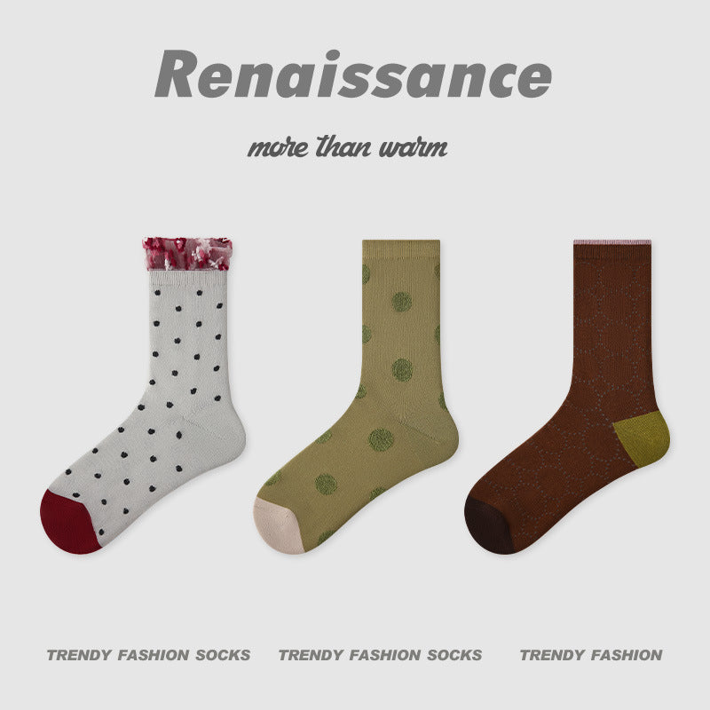 3 Pairs Women's Thin Mesh Socks Summer Breathable Lace Dot Pattern Mid Calf Socks Comfortable