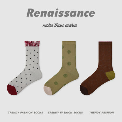 3 Pairs Women's Thin Mesh Socks Summer Breathable Lace Dot Pattern Mid Calf Socks Comfortable