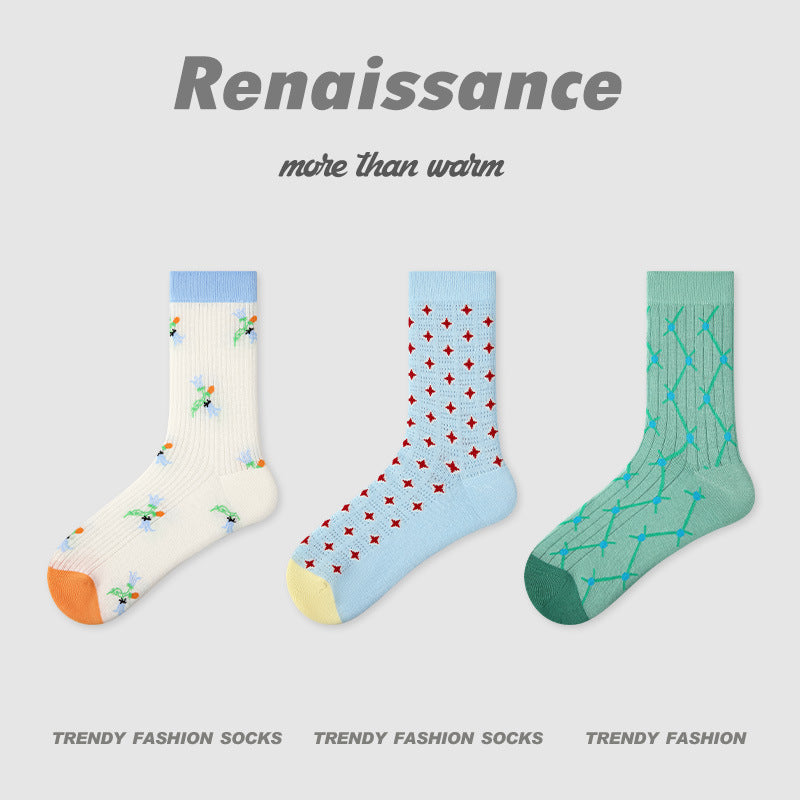 Women 3 Pairs Spring Summer Thin Mesh Socks Green Diamond Pattern