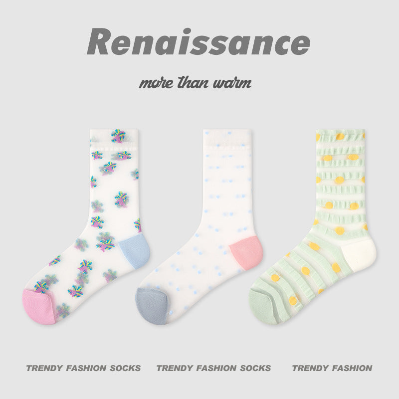 3 Pairs Women Summer Thin Transparent Glass Silk Socks Mid Calf Breathable Moisture Wicking Colorful Striped Stockings