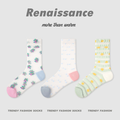 3 Pairs Women Summer Thin Transparent Glass Silk Socks Mid Calf Breathable Moisture Wicking Colorful Striped Stockings
