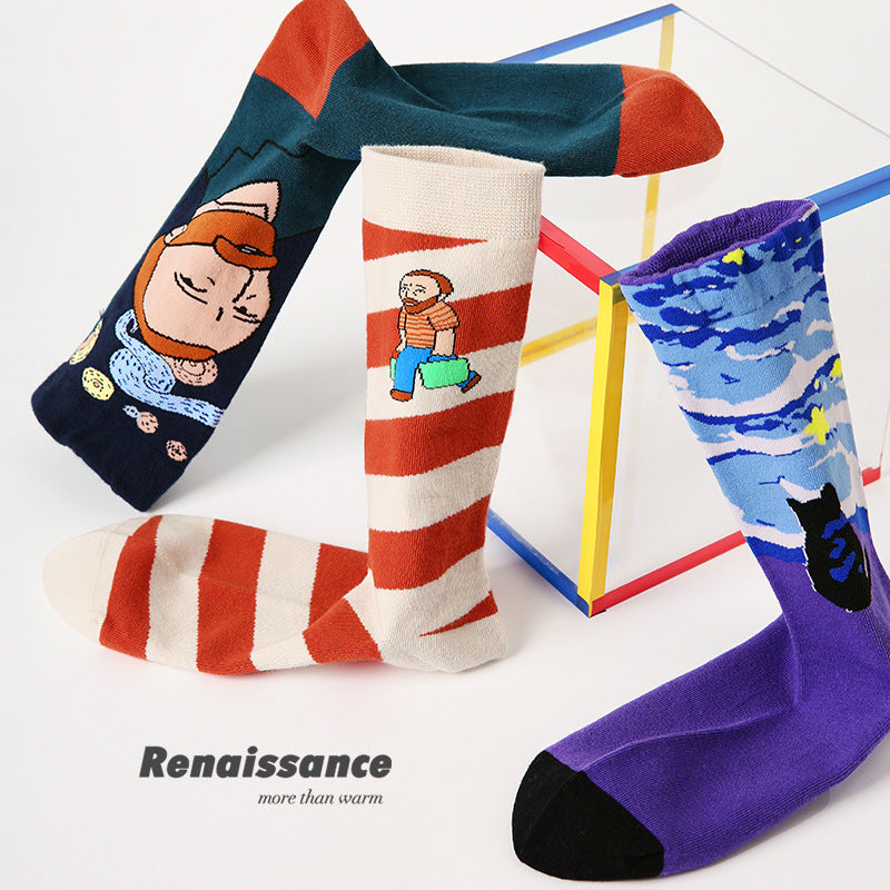 3 Pack Vintage Oil Painting Style Women Socks Trendy Mid Calf Socks for All Seasons