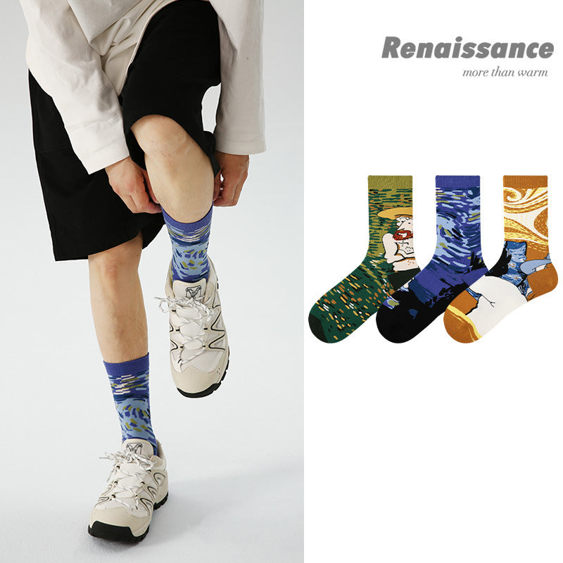 Van Gogh Inspired Retro Men Socks 3 Pack Mid Calf Comfortable All Year Round Trendy