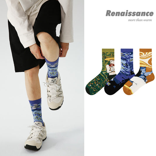 Van Gogh Inspired Retro Men Socks 3 Pack Mid Calf Comfortable All Year Round Trendy