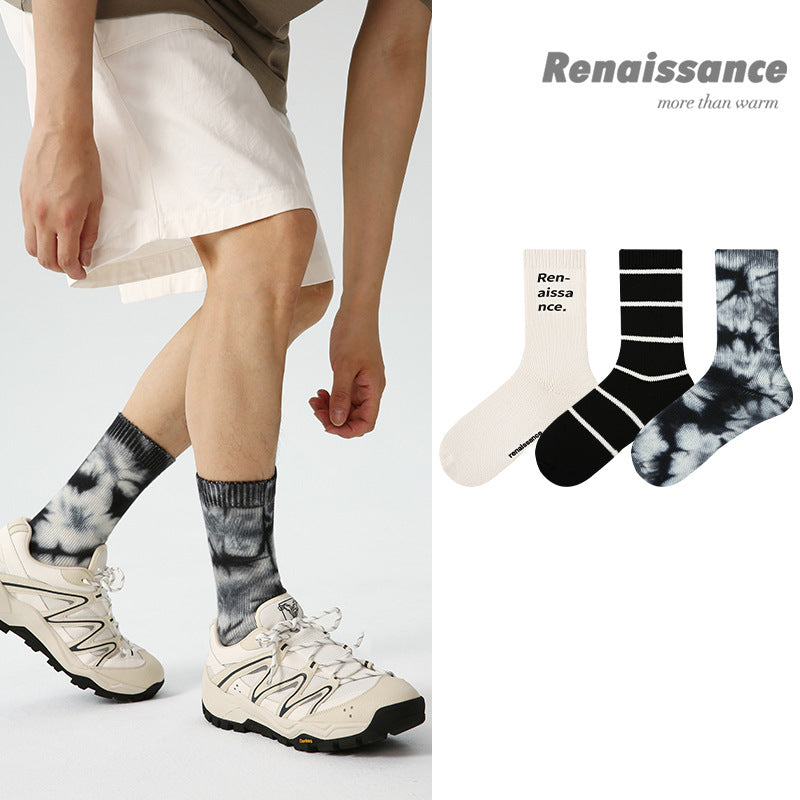 3 Pairs Trendy Men Socks Mid Calf Simple Letter Stripe Athletic Socks Tie Dye Design Comfortable Breathable Socks for Men
