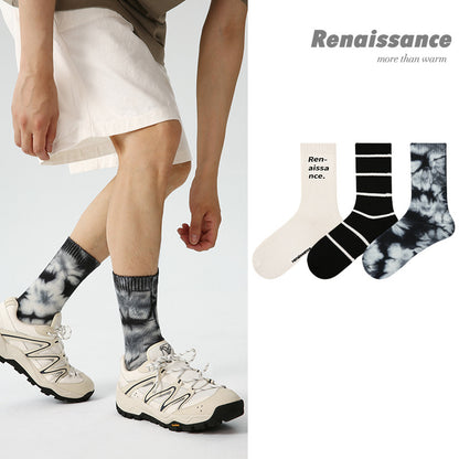 3 Pairs Trendy Men Socks Mid Calf Simple Letter Stripe Athletic Socks Tie Dye Design Comfortable Breathable Socks for Men