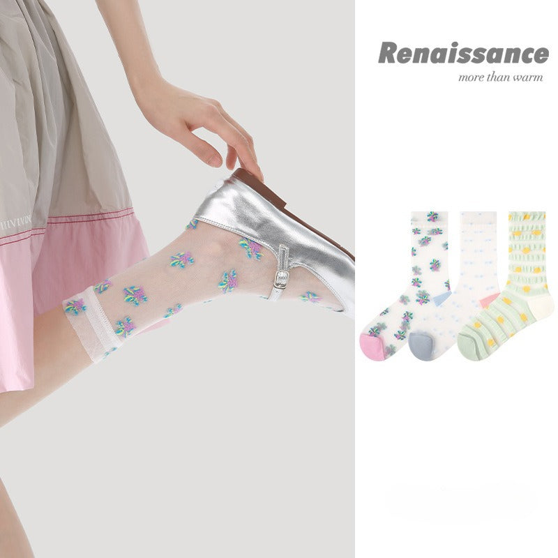 3 Pairs Women Summer Thin Transparent Glass Silk Socks Mid Calf Breathable Moisture Wicking Colorful Striped Stockings