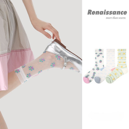 3 Pairs Women Summer Thin Transparent Glass Silk Socks Mid Calf Breathable Moisture Wicking Colorful Striped Stockings
