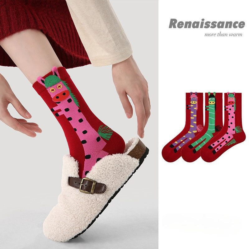 Chinese Zodiac Horse Year 2026 Women Socks 3 Pairs Red Mid Calf Socks with Cartoon Pony Design Festive New Year Socks