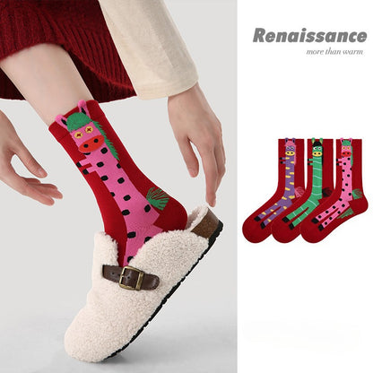 Chinese Zodiac Horse Year 2026 Women Socks 3 Pairs Red Mid Calf Socks with Cartoon Pony Design Festive New Year Socks