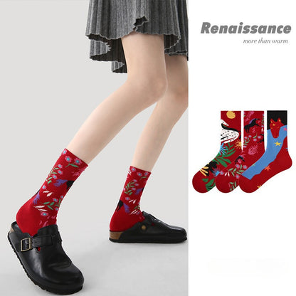Women Red Socks 3 Pairs Pack Mid Calf Warm Socks Chinese New Year Celebration Horse Year Design