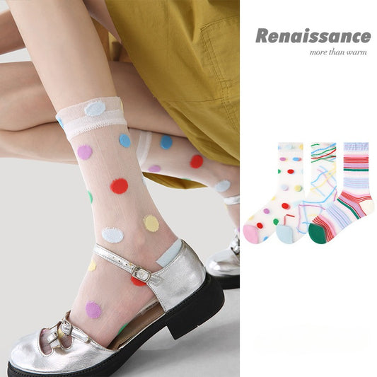 3 Pairs Summer Transparent Colorful Women Socks Trendy Breathable Mid Calf Socks Dopamine Socks for Girls