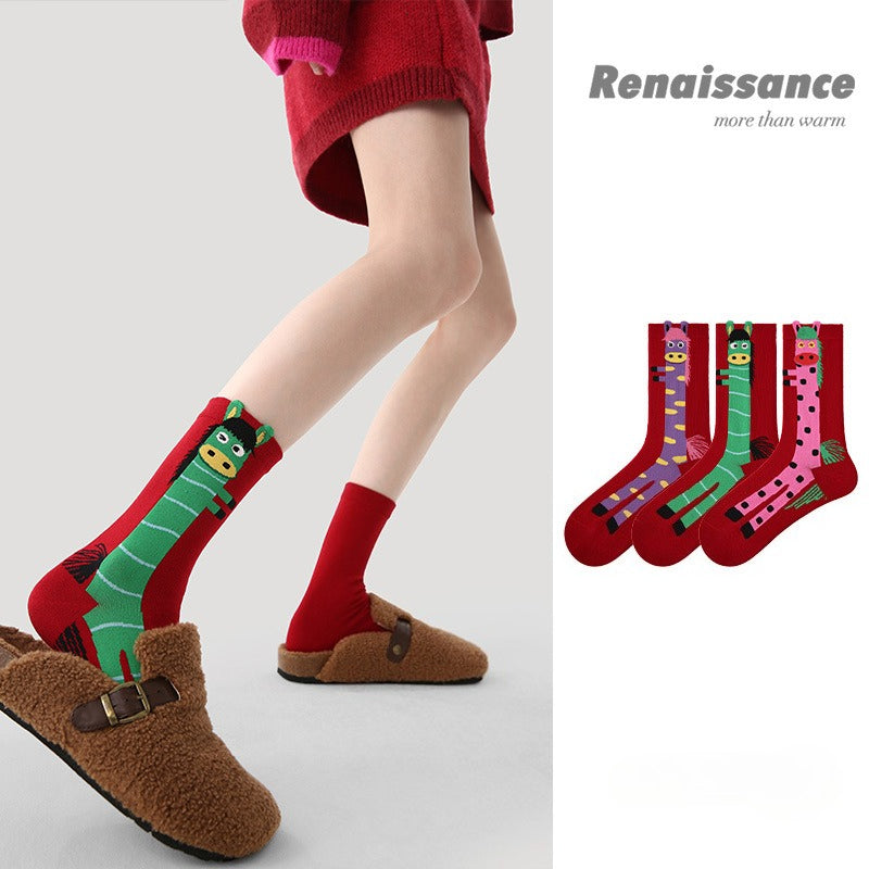 Chinese Zodiac Horse Year 2026 Women Socks 3 Pairs Red Mid Calf Socks with Cartoon Pony Design Festive New Year Socks