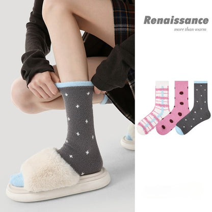 Women Mid Calf Thick Coral Fleece Socks Winter Warm Polka Dot Maternity Socks 3 Pairs Pack Renaissance