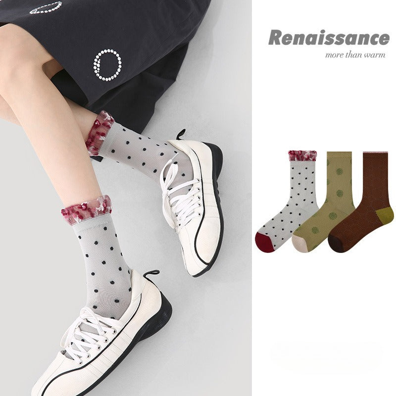 3 Pairs Women's Thin Mesh Socks Summer Breathable Lace Dot Pattern Mid Calf Socks Comfortable