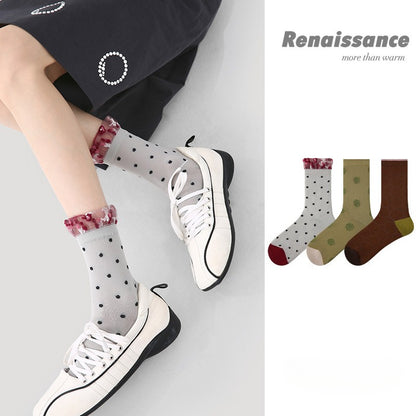 3 Pairs Women's Thin Mesh Socks Summer Breathable Lace Dot Pattern Mid Calf Socks Comfortable