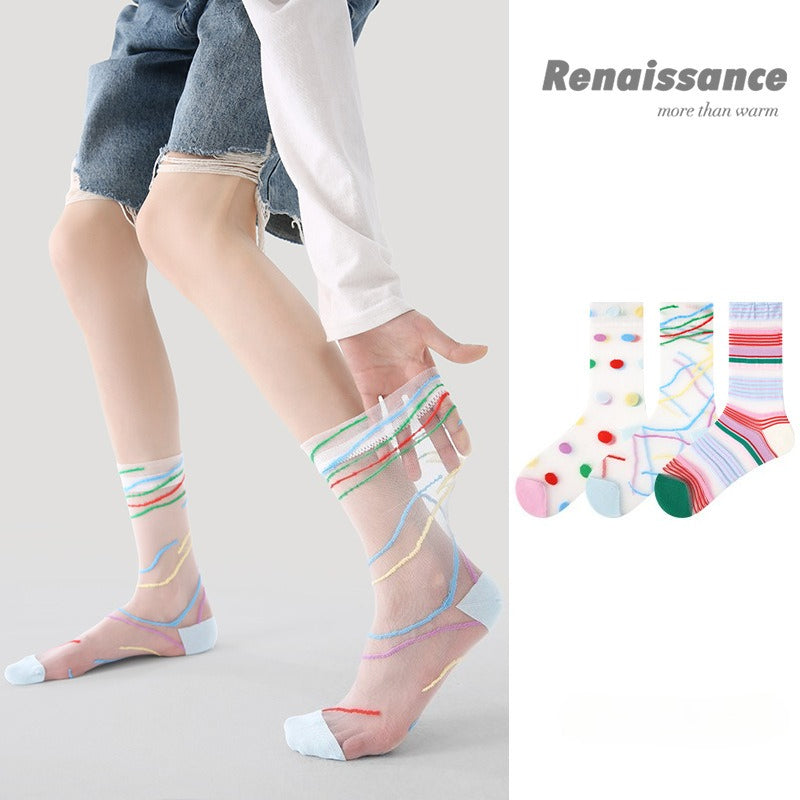 3 Pairs Summer Transparent Colorful Women Socks Trendy Breathable Mid Calf Socks Dopamine Socks for Girls