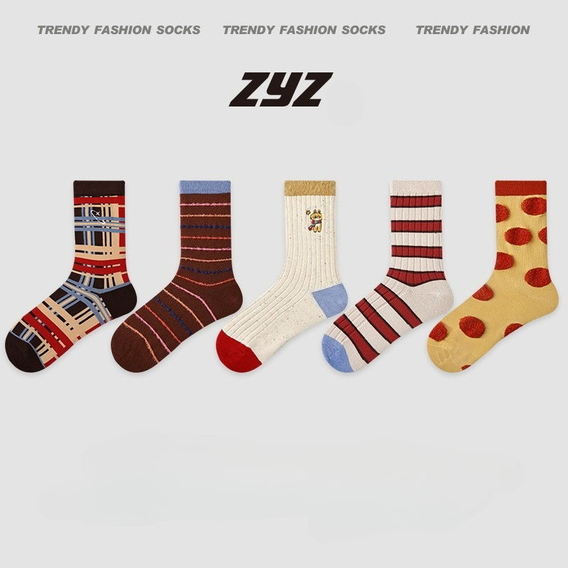 5 Pairs Retro Color Block Striped Mid Calf Socks for Women Fashion Gift Box