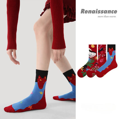 Women Red Socks 3 Pairs Pack Mid Calf Warm Socks Chinese New Year Celebration Horse Year Design