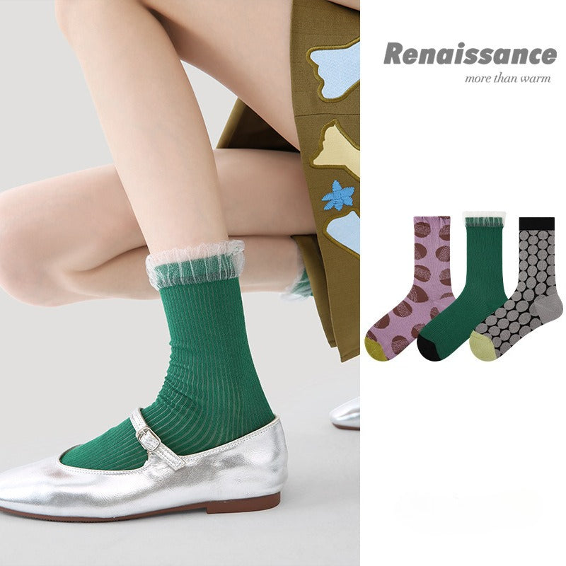 3 Pack Summer Lace Socks for Women Breathable Mesh Ankle Socks Cute Floral Pattern Mid Calf Socks