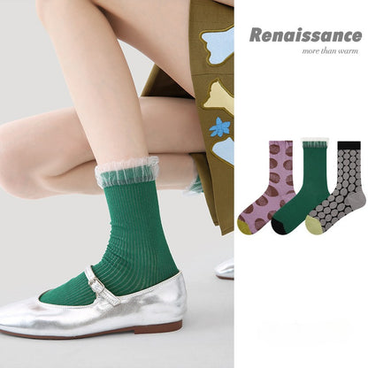 3 Pack Summer Lace Socks for Women Breathable Mesh Ankle Socks Cute Floral Pattern Mid Calf Socks