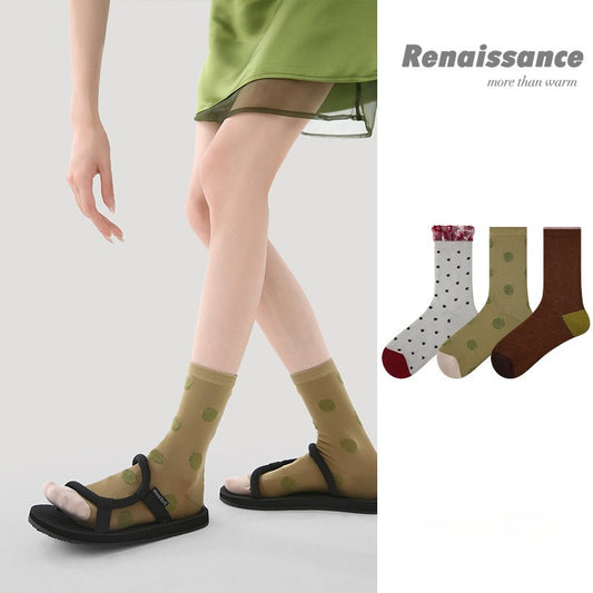 3 Pairs Women's Thin Mesh Socks Summer Breathable Lace Dot Pattern Mid Calf Socks Comfortable