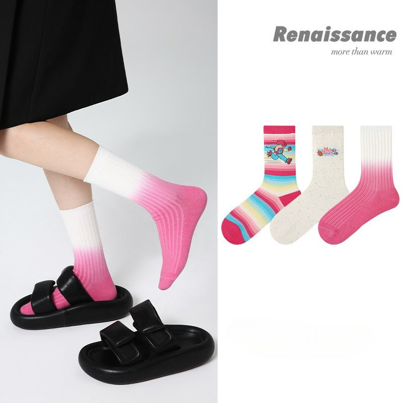3 Pairs Pink Womens Socks Girls Diary Striped Mid Cute Cartoon Colorful Socks