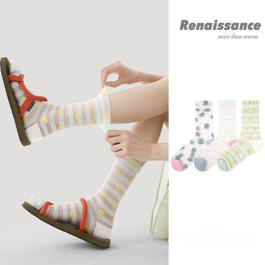 3 Pairs Women Summer Thin Transparent Glass Silk Socks Mid Calf Breathable Moisture Wicking Colorful Striped Stockings