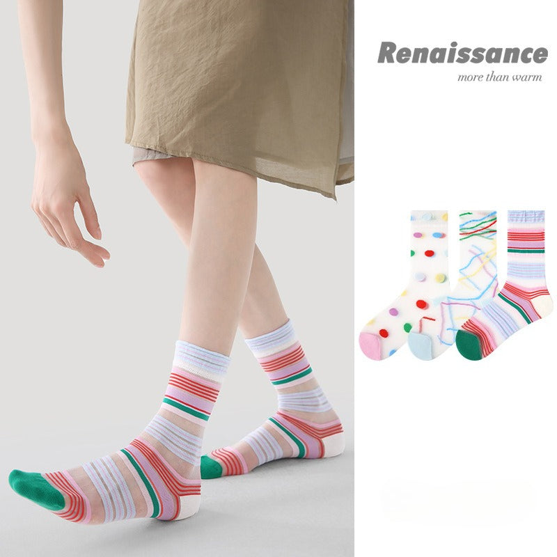 3 Pairs Summer Transparent Colorful Women Socks Trendy Breathable Mid Calf Socks Dopamine Socks for Girls