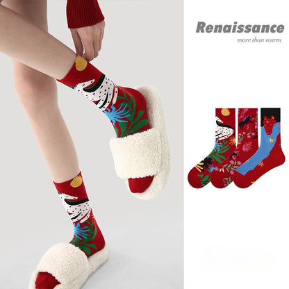 Women Red Socks 3 Pairs Pack Mid Calf Warm Socks Chinese New Year Celebration Horse Year Design