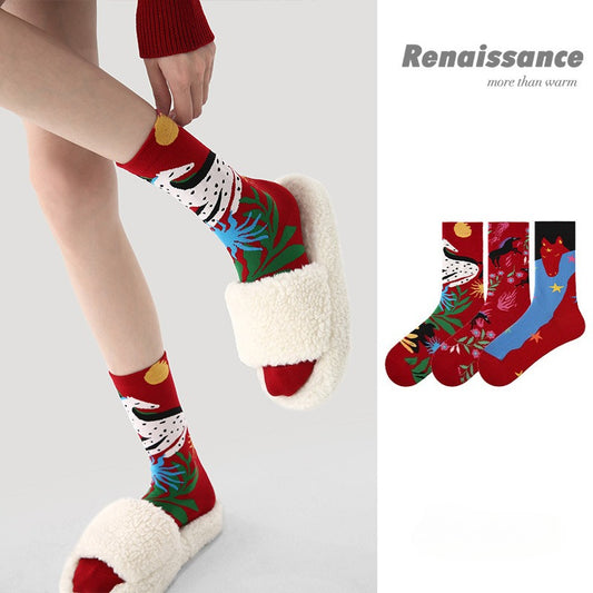 Women Red Socks 3 Pairs Pack Mid Calf Warm Socks Chinese New Year Celebration Horse Year Design